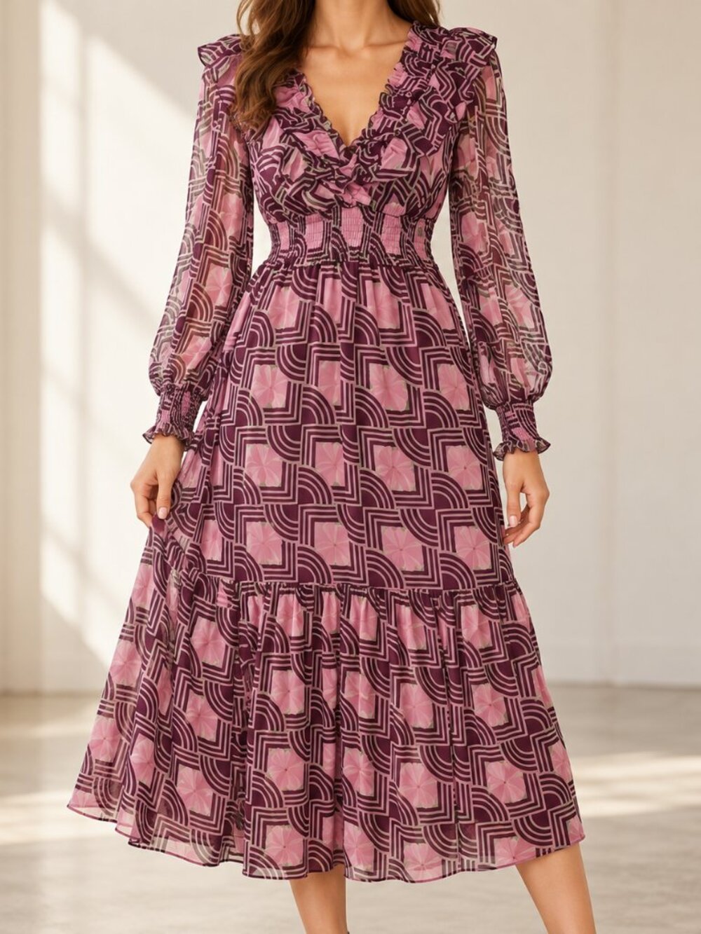 NEW Anthropologie Purple Floral Ruffle Long-Sleeve Midi Dress
